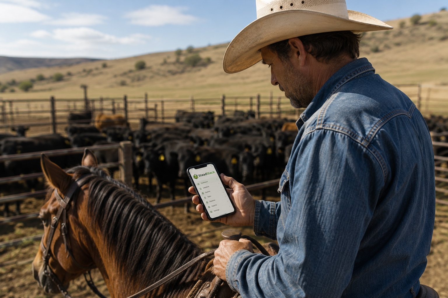 Rancher on horseback checking SteadStack